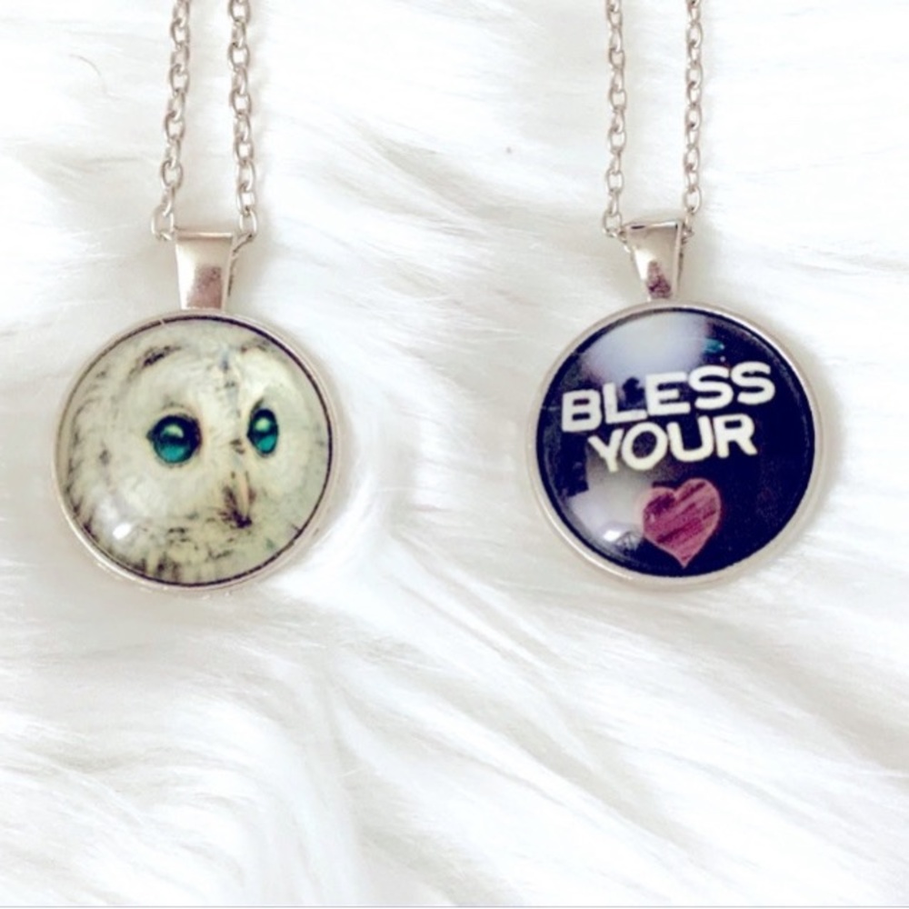 White Owl And Bless Your Heart Cabochon Necklace